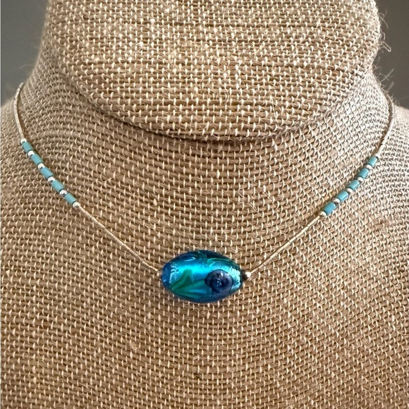 Southwestern Liquid Silver Turquoise Murano Glass Necklace - Picture 2 of 4